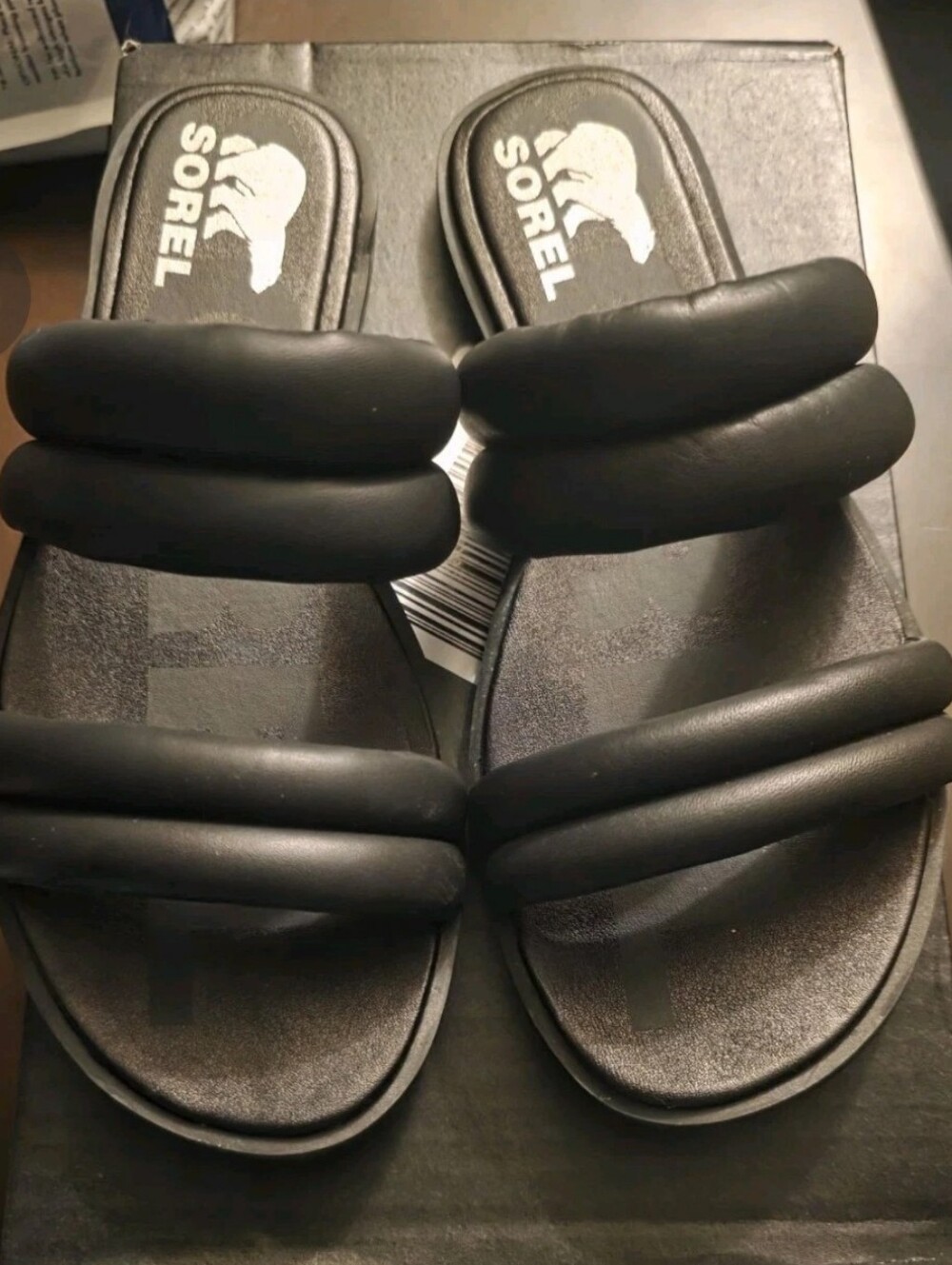 Sorel Women's Ella II Puff Slide Sandal Black- Puff Slides / Sea Salt SIZE 7.5